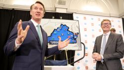 RICHMOND, VIRGINIA - JUNE 15: The governor of Virginia Glenn Youngkin (C) and the CEO of The Lego Group Niels B. Christiansen (R) speak during a press event where The LEGO Group is announcing to build a US $1 billion, carbon-neutral run factory in Virginia, USA. (Photo by Tasos Katopodis/Getty Images  for The LEGO Group )