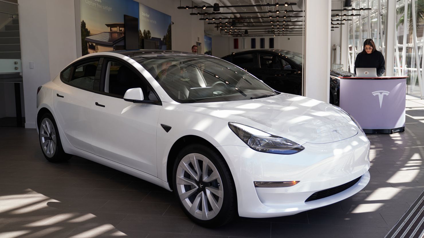 SANTA MONICA, CA - SEPTEMBER 22: A Tesla Model 3 vehicle is on display at the Tesla auto store on September 22, 2022 in Santa Monica, California. Tesla is recalling over 1 million vehicles in the U.S. because the windows can pinch a persons fingers while being rolled up. (Photo by Allison Dinner/Getty Images)